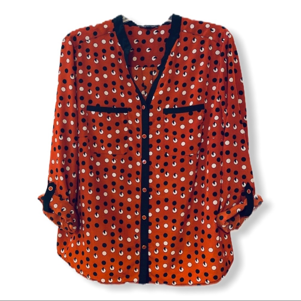 Vintage Blouse Mod Retro Fall Orange Black Dots XL